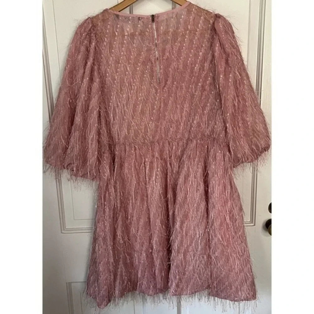TOV Noir Pink Feathered Fringe Frill Bubble Sleeve Mini Dress Size 42‎ NWT